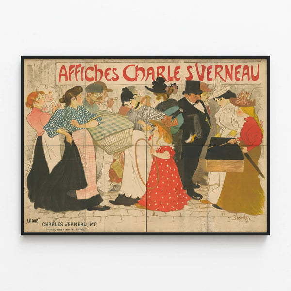 Vintage decorative poster of La Rue de Charles Verneau — framed artwork on a wall