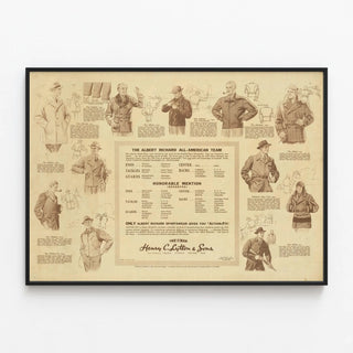 Vintage Fashion Poster Masculine Albert Richard 1939 - Football All-American Team — framed artwork on a wall