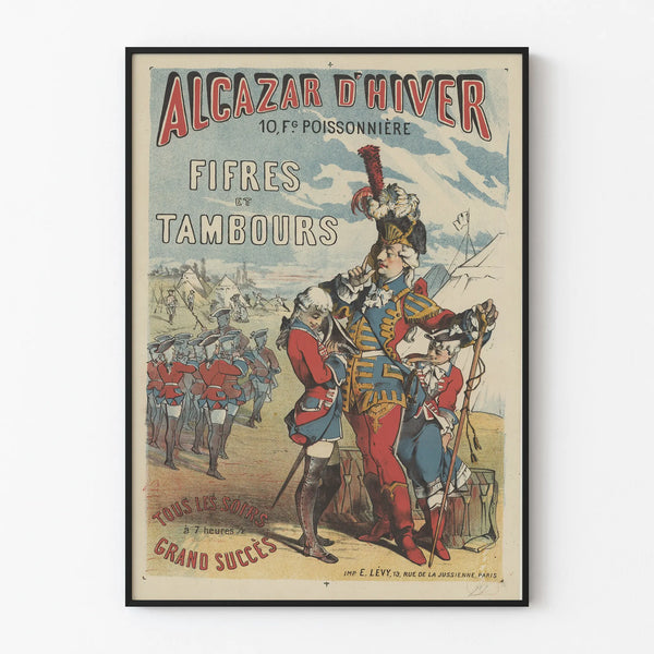 Vintage poster of Alcazar d'Hiver bagpipers and drummers
