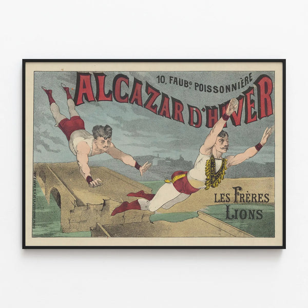Vintage poster of Alcazar d'Hiver by Les Frères Lions — framed artwork on a wall