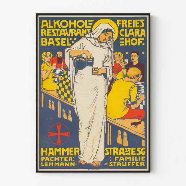 Vintage poster of the alcohol-free restaurant Clara Hof in Basel