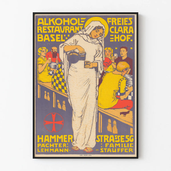 Vintage poster of the alcohol-free restaurant Clara Hof in Basel