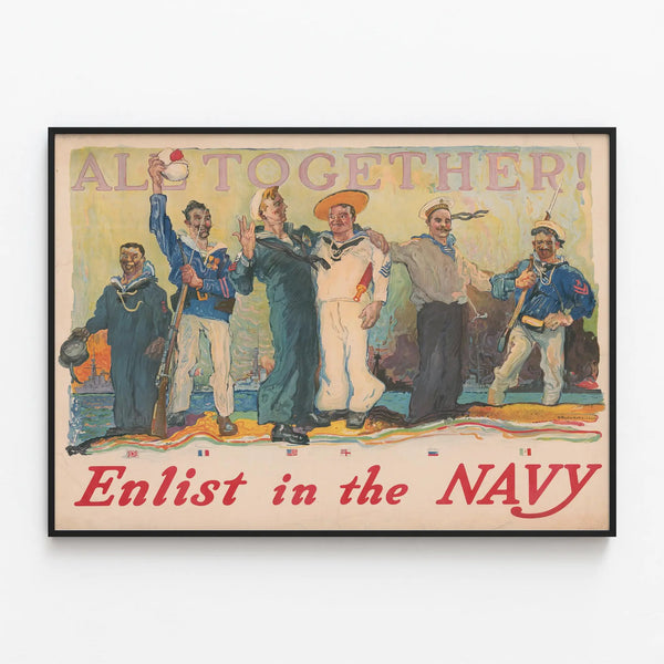 Vintage Marine Recruitment Poster - All Together Enlist in the Navy — framed artwork on a wall