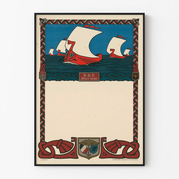 Decorative poster of red Viking ships on a blue background
