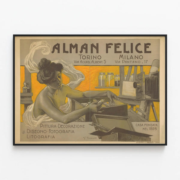 Vintage Alman Felice Poster - Artistic Wall Decoration and Photograph in Turin and Milan — framed artwork on a wall