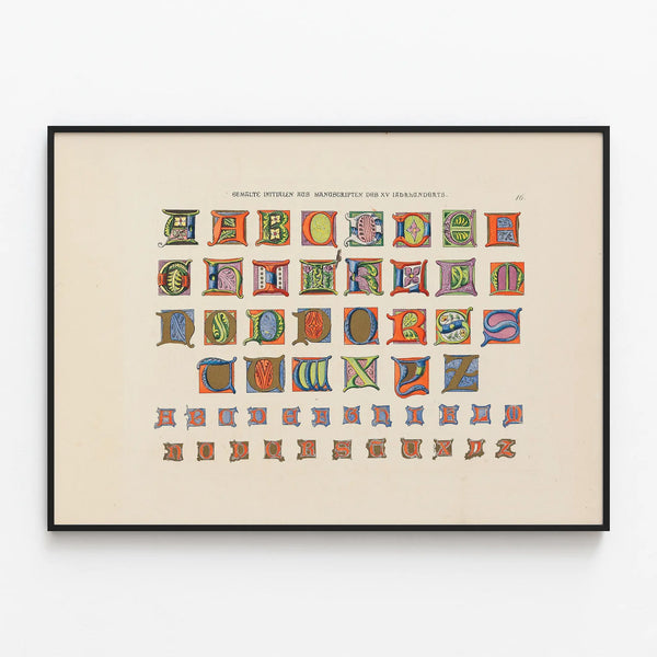 Colorful Medieval Alphabet Decorative Poster — framed artwork on a wall