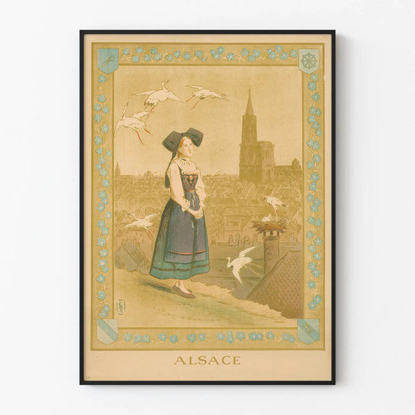 Vintage Alsace poster with traditional stork decoration