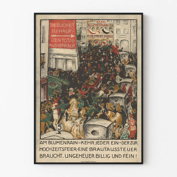 Vintage decorative poster: Lively scene on Blumenrain Street in Basel