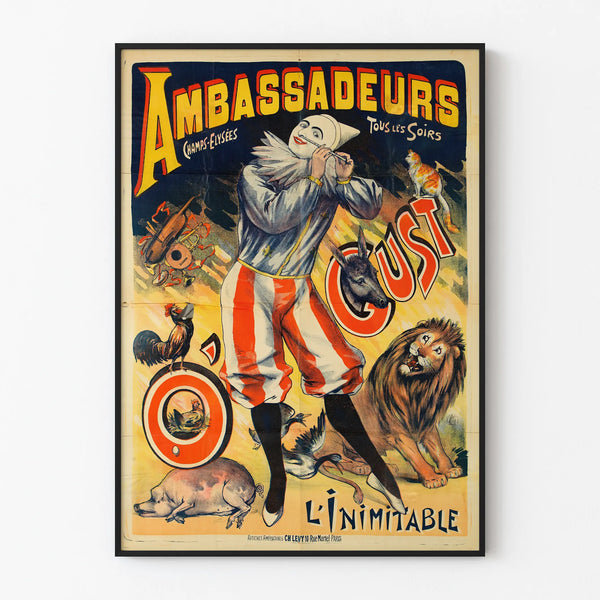 Vintage poster of Ambassadeurs Champs-Élysées with clown and animals