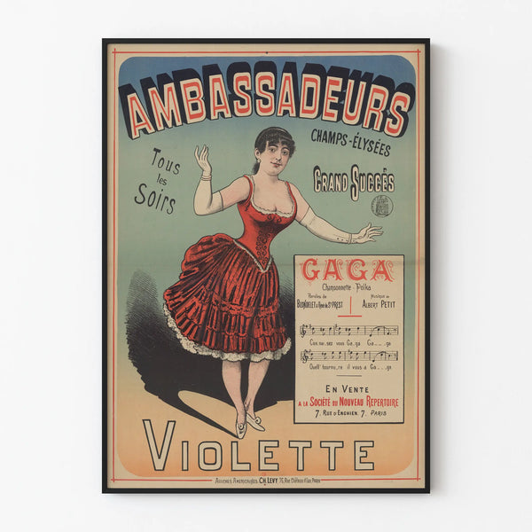 Vintage poster Ambassadeurs Champs-Élysées Violette in a red dress