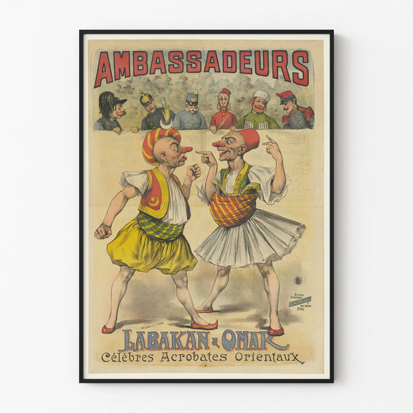 Vintage poster of Ambassadeurs Labakan & Omar Oriental acrobats