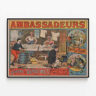Vintage poster Les Quatre Vendômes Musical Laundry — framed artwork on a wall