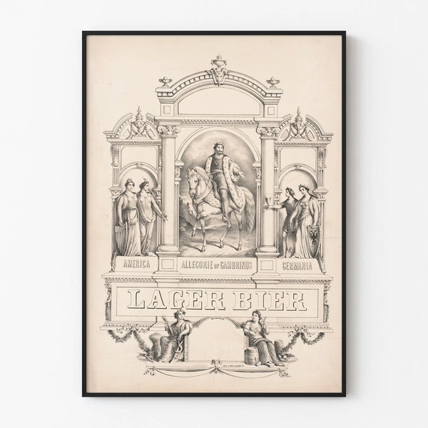 Vintage Lager Beer Poster Allegory of America, Gambrinus and Germania