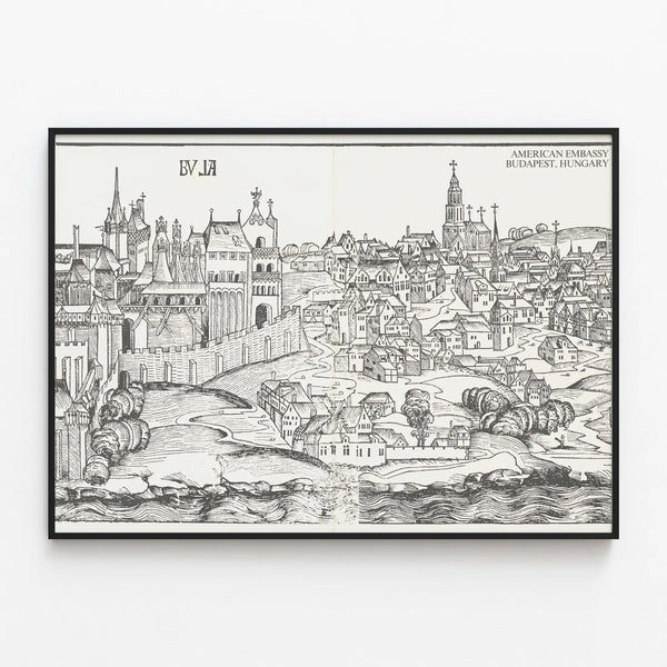 Vintage poster of the American embassy in Budapest — framed artwork on a wall