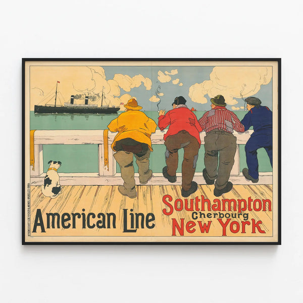 Vintage American Line Southampton - Cherbourg - New York Poster — framed artwork on a wall