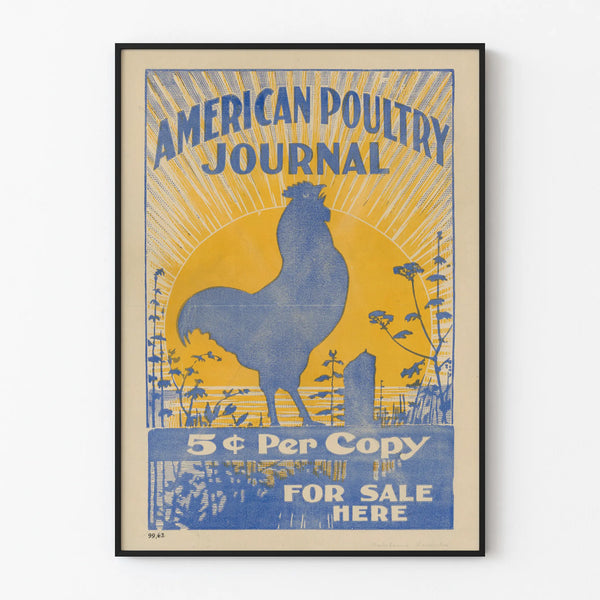 Vintage American Poultry Journal poster with rooster at sunrise