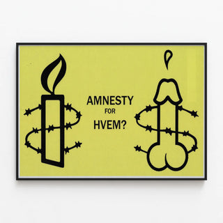 Amnesty Poster For Hvem - Engaged wall decoration on yellow background — framed artwork on a wall