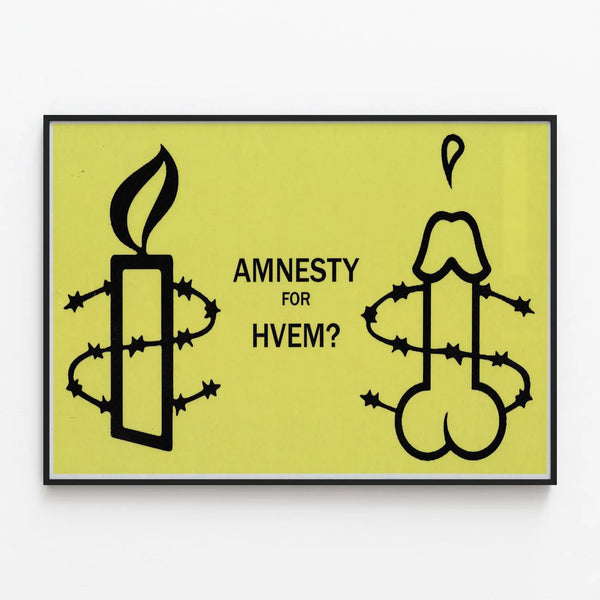 Amnesty Poster For Hvem - Engaged wall decoration on yellow background — framed artwork on a wall