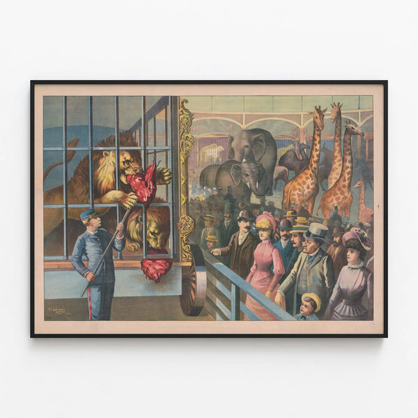 Vintage poster of a circus scene with lions and exotic animals — framed artwork on a wall