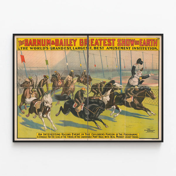 Vintage Poster of Monkey Race with Jockeys on Horseback — framed artwork on a wall