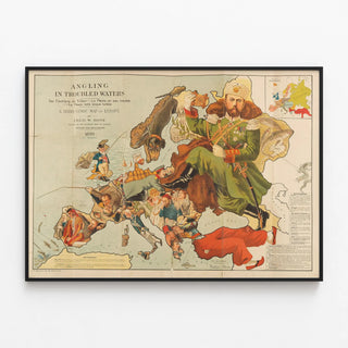 Vintage Poster Angling in Troubled Waters - Satirical Map of Europe 1899 — framed artwork on a wall
