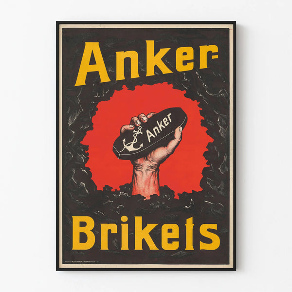 Vintage poster Anker Brikets featuring a coal main subject