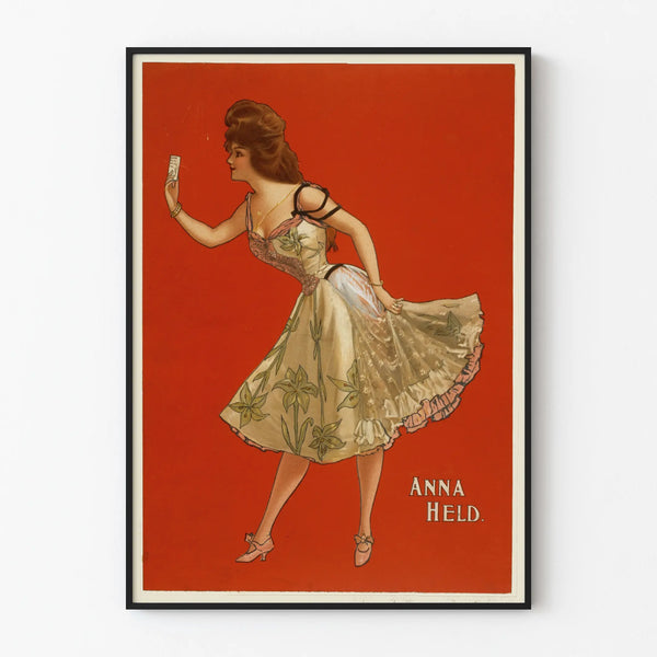 Vintage Anna Held poster in a floral dress on a red background