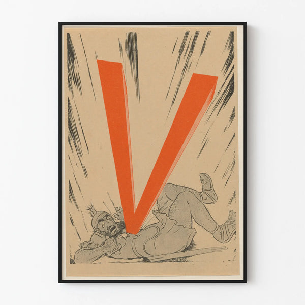 Vintage poster with large red V for wall decoration