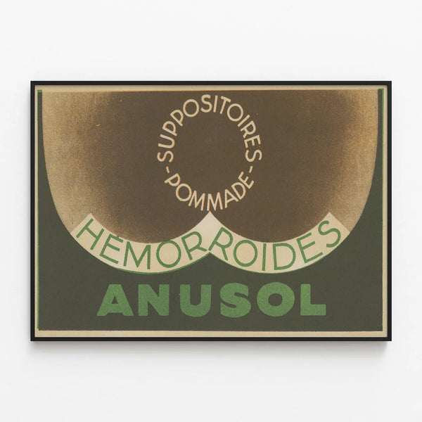 Vintage medical poster Anusol for hemorrhoids — framed artwork on a wall