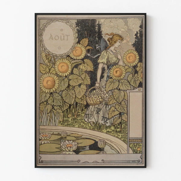 Vintage Decorative Poster August with Sunflowers and Countryside Woman