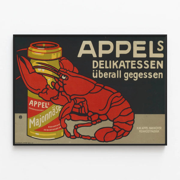 Vintage poster of Mayonnaise and Lobster Calls — framed artwork on a wall