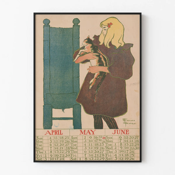 Vintage calendar poster from April to June 1897 with illustration of girl and cat