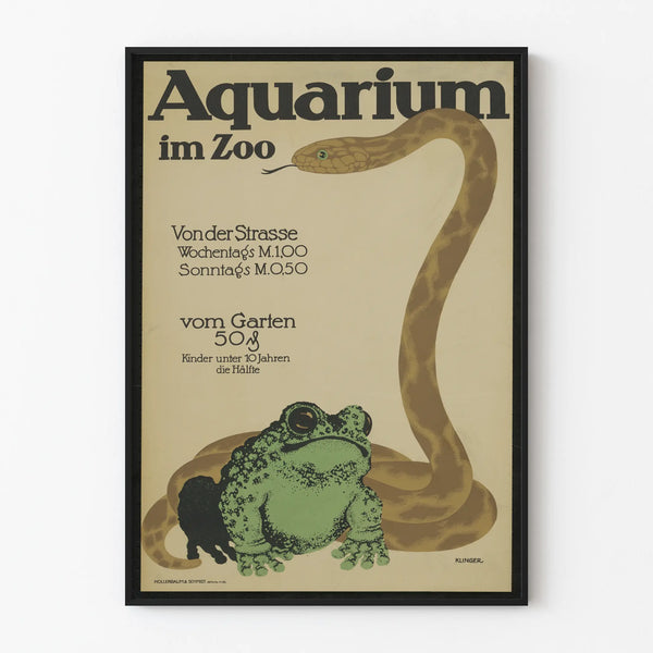 Vintage poster of the aquarium at the zoo with a frog and a snake