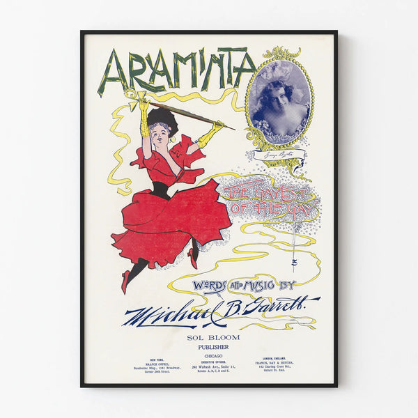 Vintage poster of Araminta in a red dress for wall decoration
