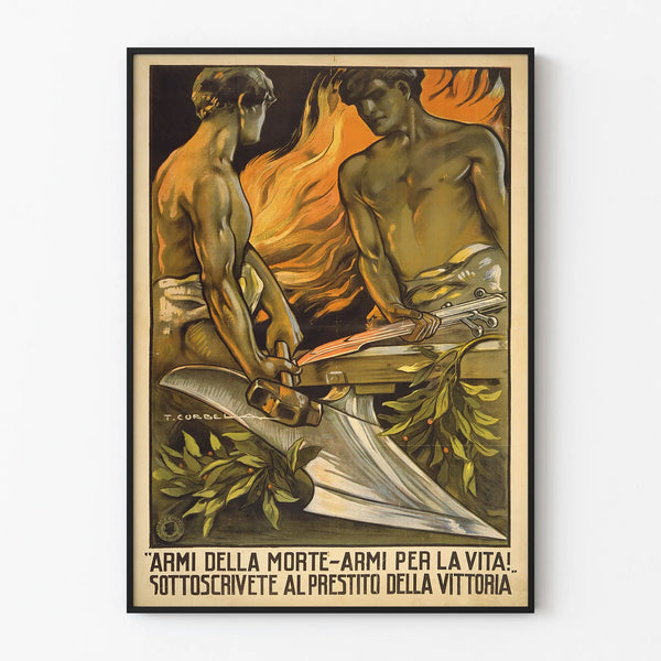 Vintage Italian propaganda poster with two blacksmiths and flames