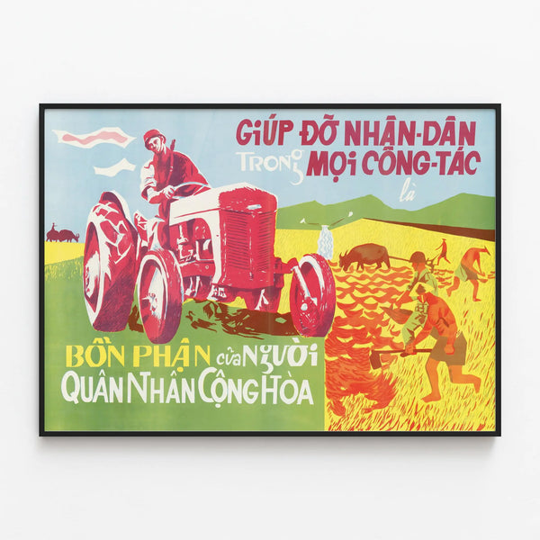 Vintage poster inspired by Vietnamese agricultural and military themes — framed artwork on a wall