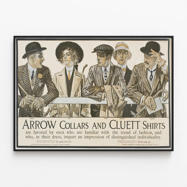 Vintage Arrow Collars and Cluett Shirts Poster - Men's Fashion Wall Decoration — framed artwork on a wall