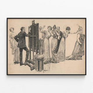 Decorative poster with artist's ink drawing at the easel — framed artwork on a wall