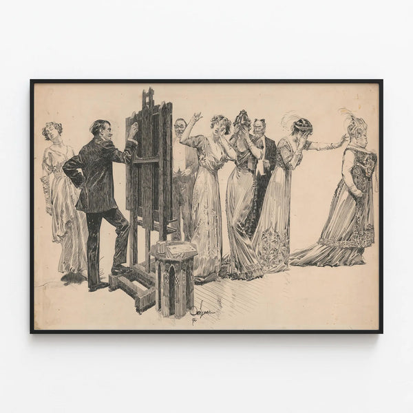 Decorative poster with artist's ink drawing at the easel — framed artwork on a wall