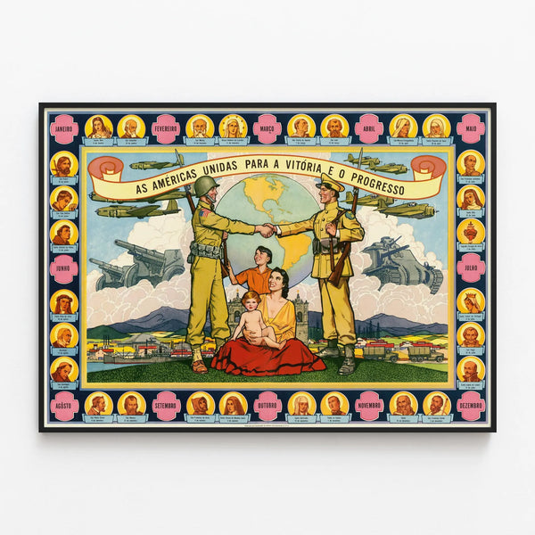 Vintage poster As Américas Unidas - Historical military wall decoration — framed artwork on a wall