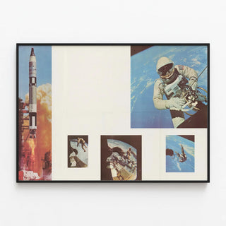 Poster of an Astronaut on a Spacewalk with a Launch Rocket — framed artwork on a wall