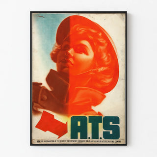 Vintage poster A.T.S. with female portrait in red helmet