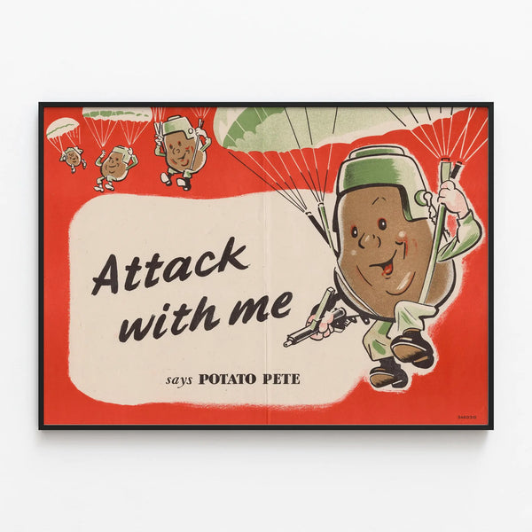 Vintage Poster 'Attack with Me' Potato Pete - Playful Wall Decoration — framed artwork on a wall