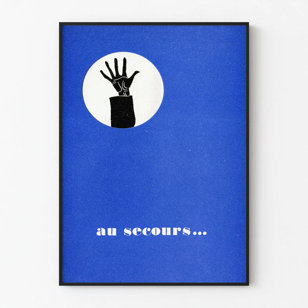 Decorative blue poster "Help" with raised hand