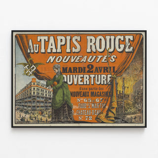 Vintage poster for Au Tapis Rouge store opening, April 2 — framed artwork on a wall