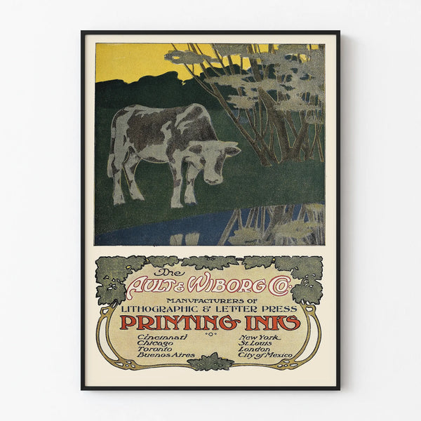 Vintage poster Ault & Wiborg: Cow illustration and typographic decoration
