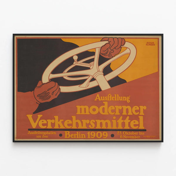 Vintage Poster Exhibition of Modern Transportation Methods Berlin 1909 — framed artwork on a wall