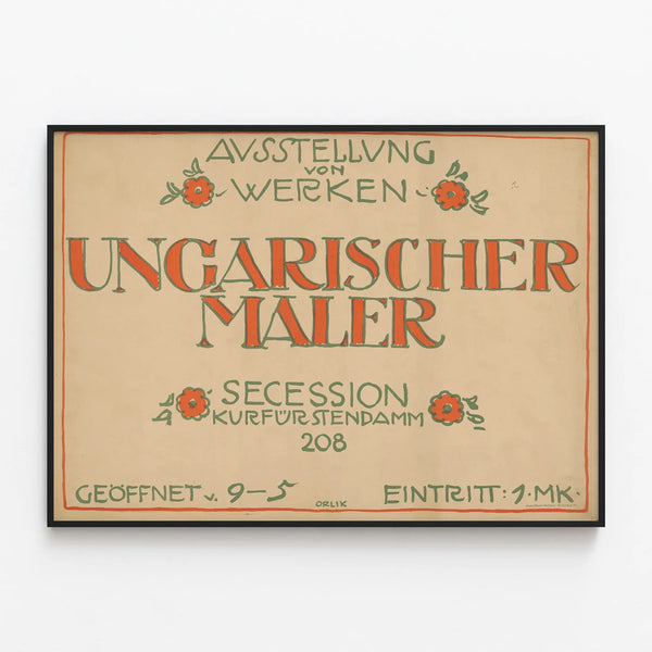 Exhibition poster of works by Hungarian painters in Secession style — framed artwork on a wall