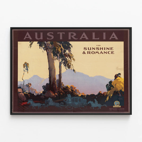 Vintage Australian poster for Sunshine & Romance — framed artwork on a wall