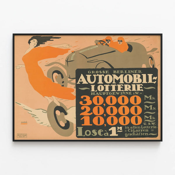 Vintage poster of Berlin automobile lottery — framed artwork on a wall